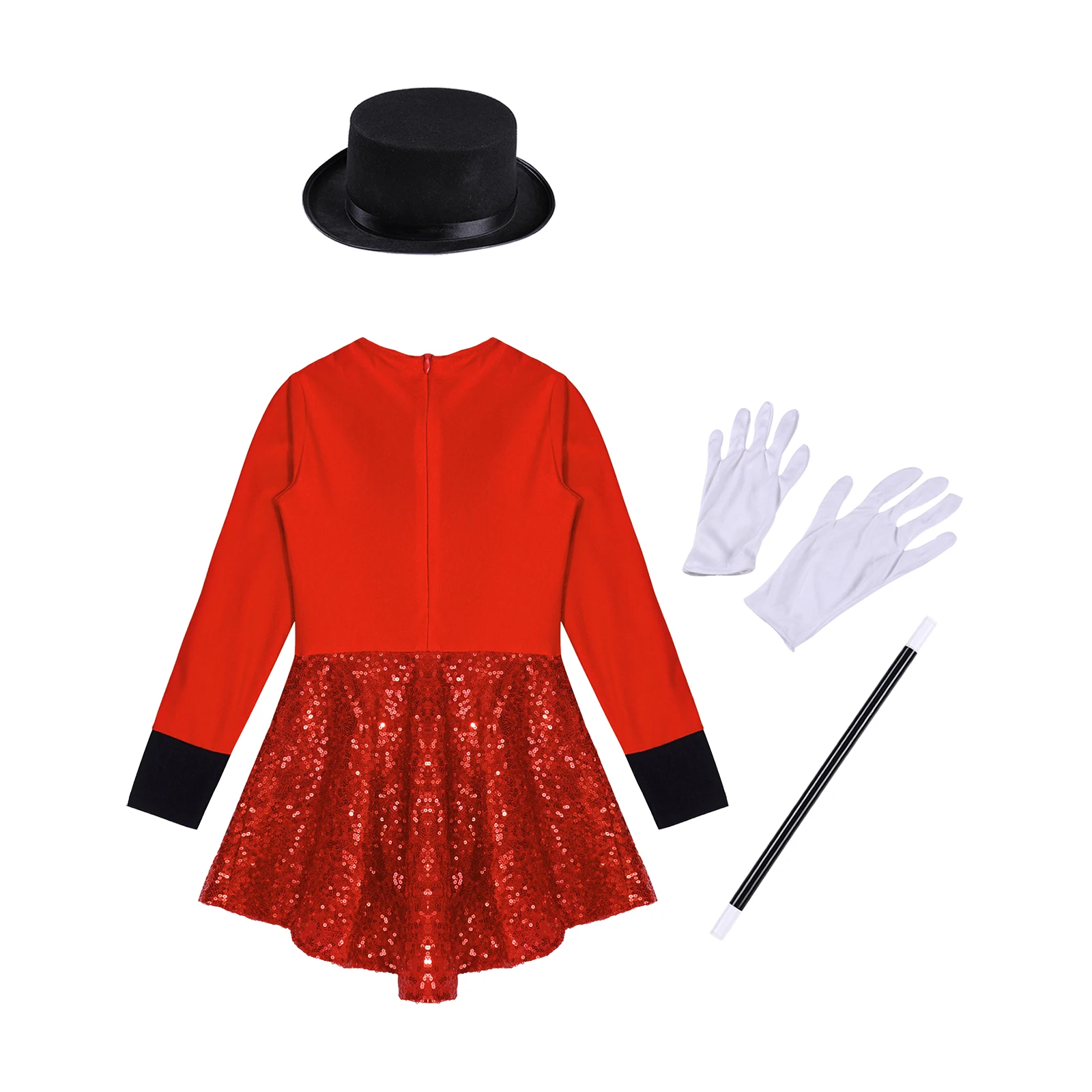 Girls Magician Halloween Costume Circus Ringmaster Cosplay Clothes Shiny Sequin Leotard Dress with Hat Magic Wand Gloves