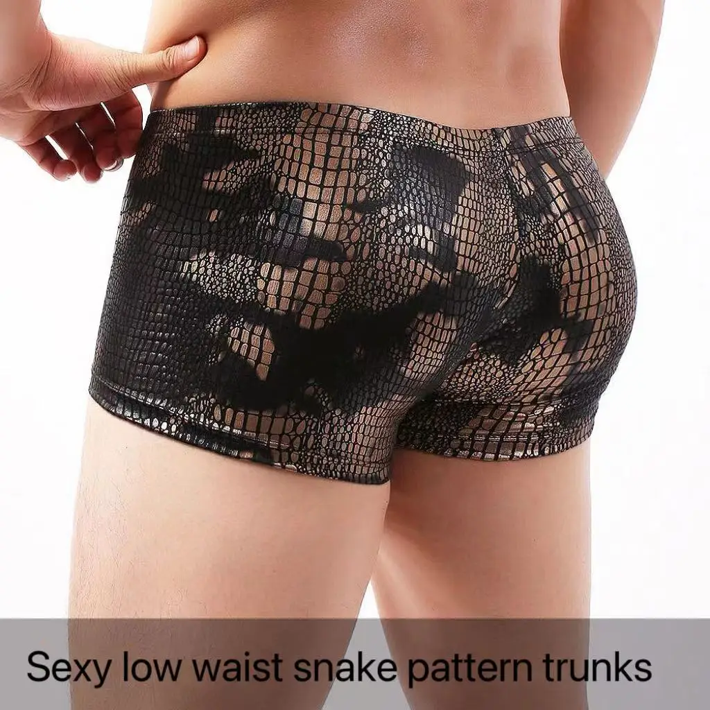 Sexy Snake Pattern Men\'s Underwear Breathable Low Waist Boxer High-end Artificial Fur Sequin Hip Lift Briefs Trunks Large