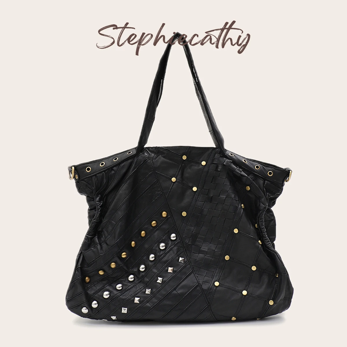 SC Luxury Retro Sheepskin Women Tote Bag Rivets & Leather Strips Patchwork Large Capacity Crossbody Shoulder Handbag Purse Trip