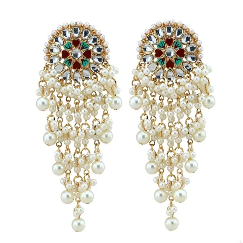 634C Jewelry Decor Ethnic Earrings Indian Bollywood Kundan Pearls Drop Earrings