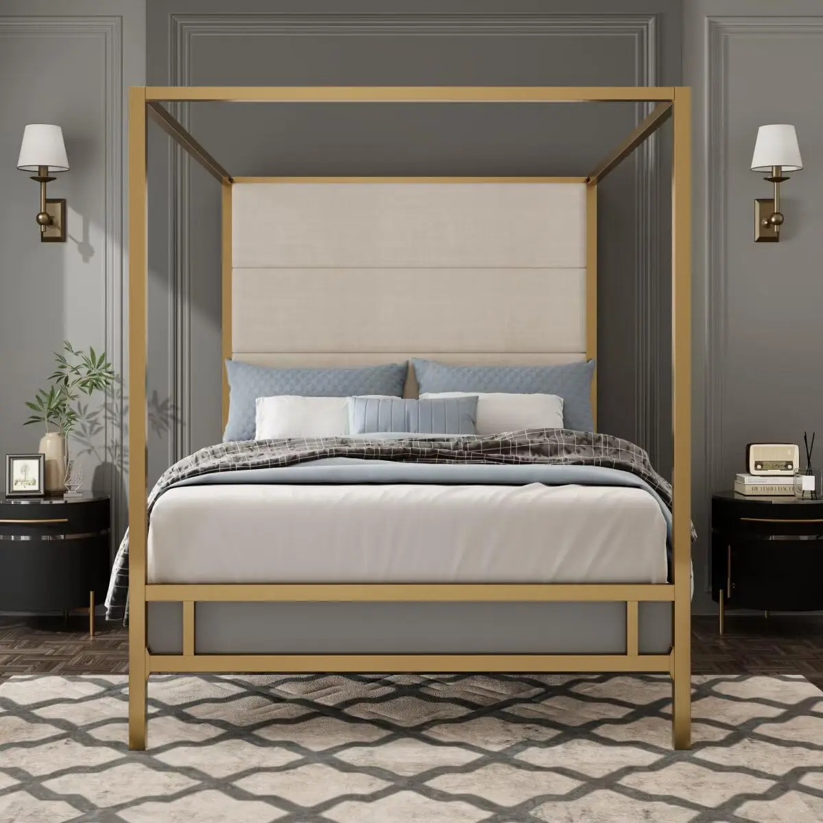 Queen Canopy Bed Frame with Linen Headboard & 4-Poster Metal Frame, Customized