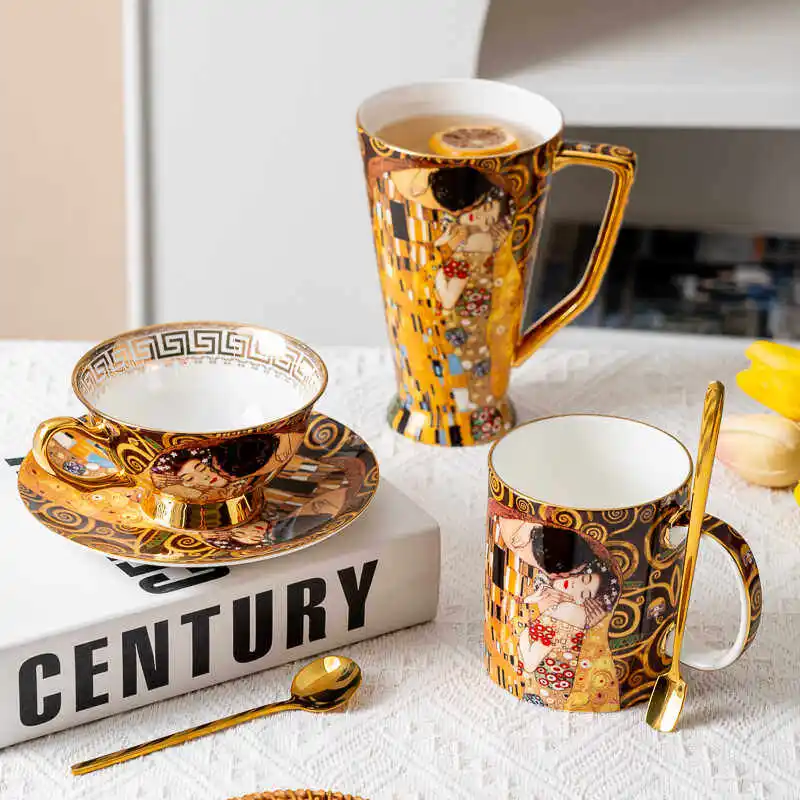 

Oil painting style bone china coffee cup set combination small luxury high value mug gift box