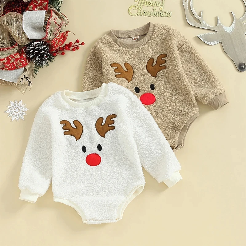 

Baby Girls Boys Christmas Plush Rompers Long Sleeve Reindeer Embroidery Button Bodysuits Newborn Infant Autumn Winter Clothes