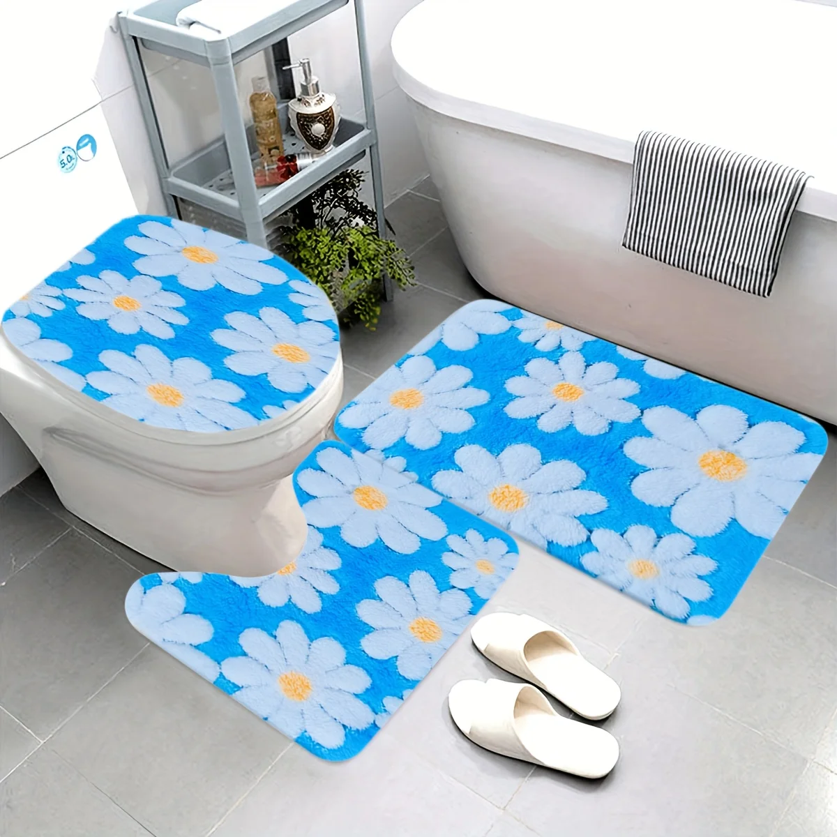 

3pcs Bright Blue Daisy Pattern Bathroom Mat Set - Soft Flannel, Includes Toilet Lid Cover, U-Shaped Contour Mat Rectangular Rug