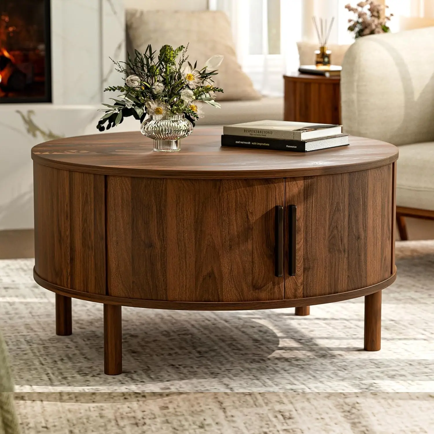 

Coffee Table for Living Room, Modern Round Coffee Table with Cabinets & Sliding Doors, Home Small Space, Customized