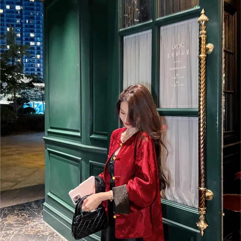 New Chinese acetate satin jacquard coat women loose style improved blouse