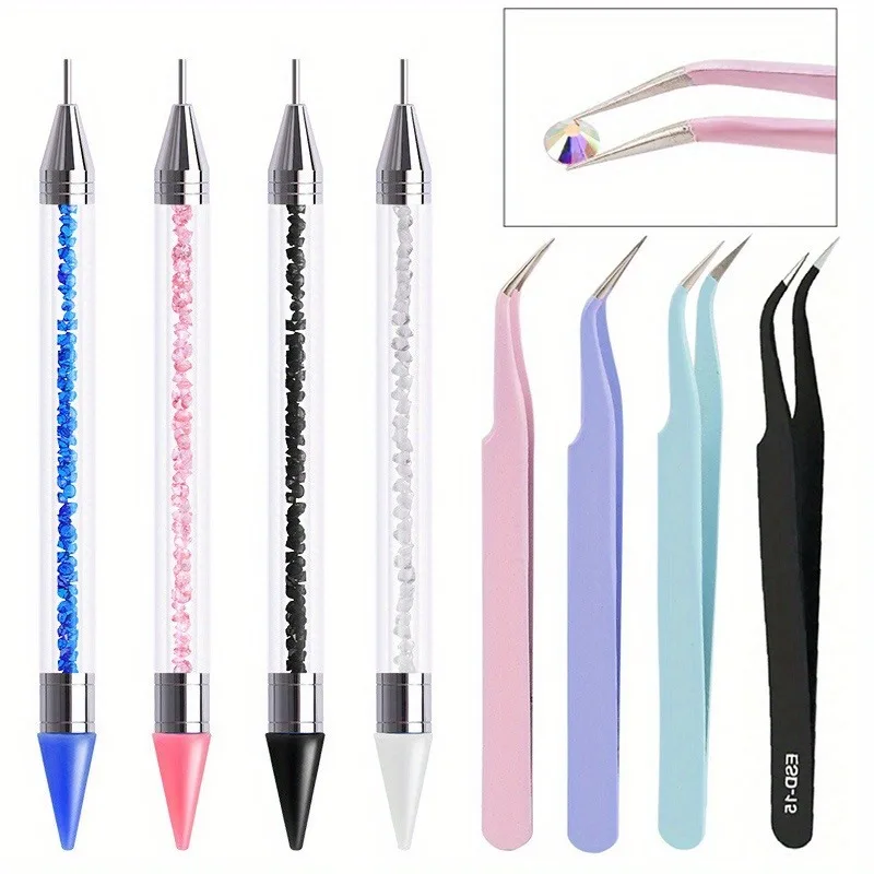 2Pcs set of manicure double-ended diamond pens with diamond-encrusted crayons with stainless steel tweezers nail art grafting