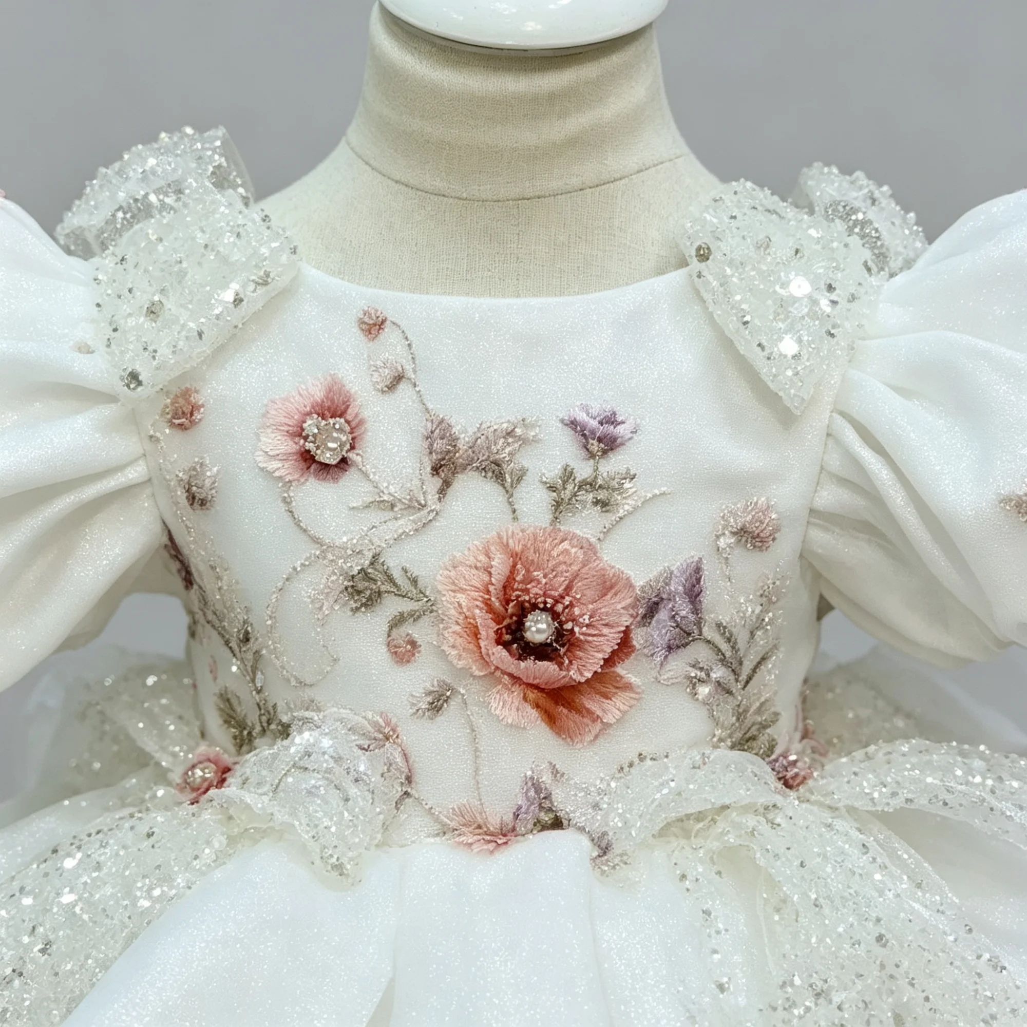 Weißes Mädchenkleid mit Puffärmeln, Prinzessinnenkleid mit Blumenstickerei und Pailletten, Ballkleid für Kinder, Blumenmädchenkleid für Hochzeit, Taufe, Geburtstag, Party – Detail 7
