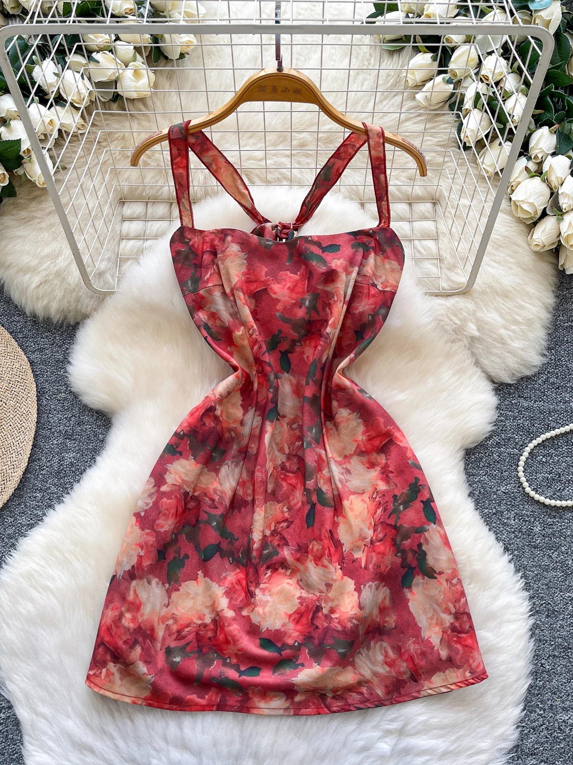 

Sexy Floral Print ter Dr Women's Pure Desire Beach Vaion ort Skirt Retro Red Spots High Waist A-Line Summer Dr