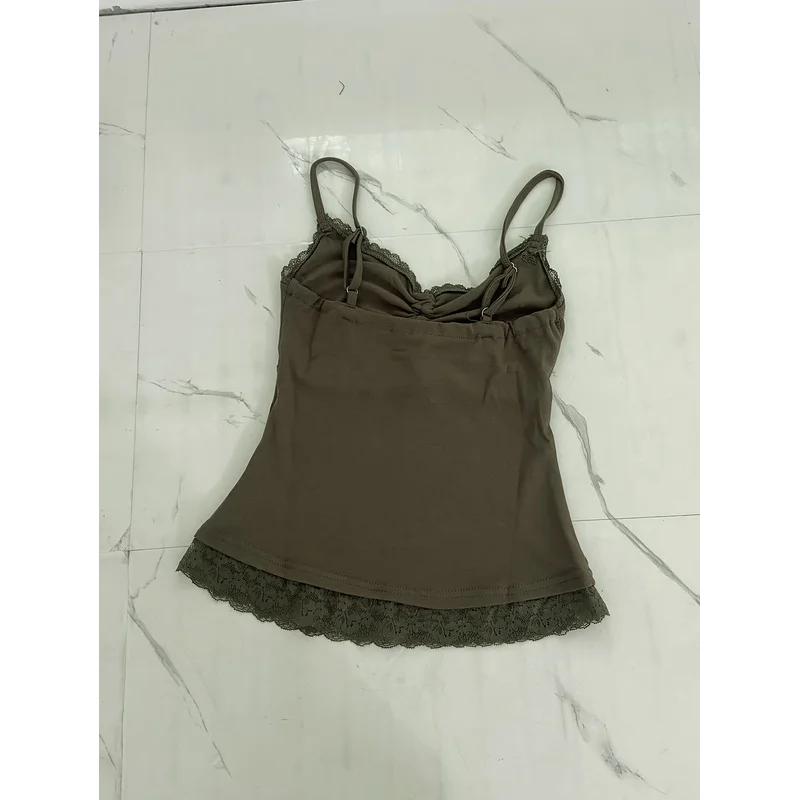 In-Stock Desire Vintage Lace Patchwork V-Neck Camisole Top Women, Summer Designer Slim-Fit Waist-Cinching