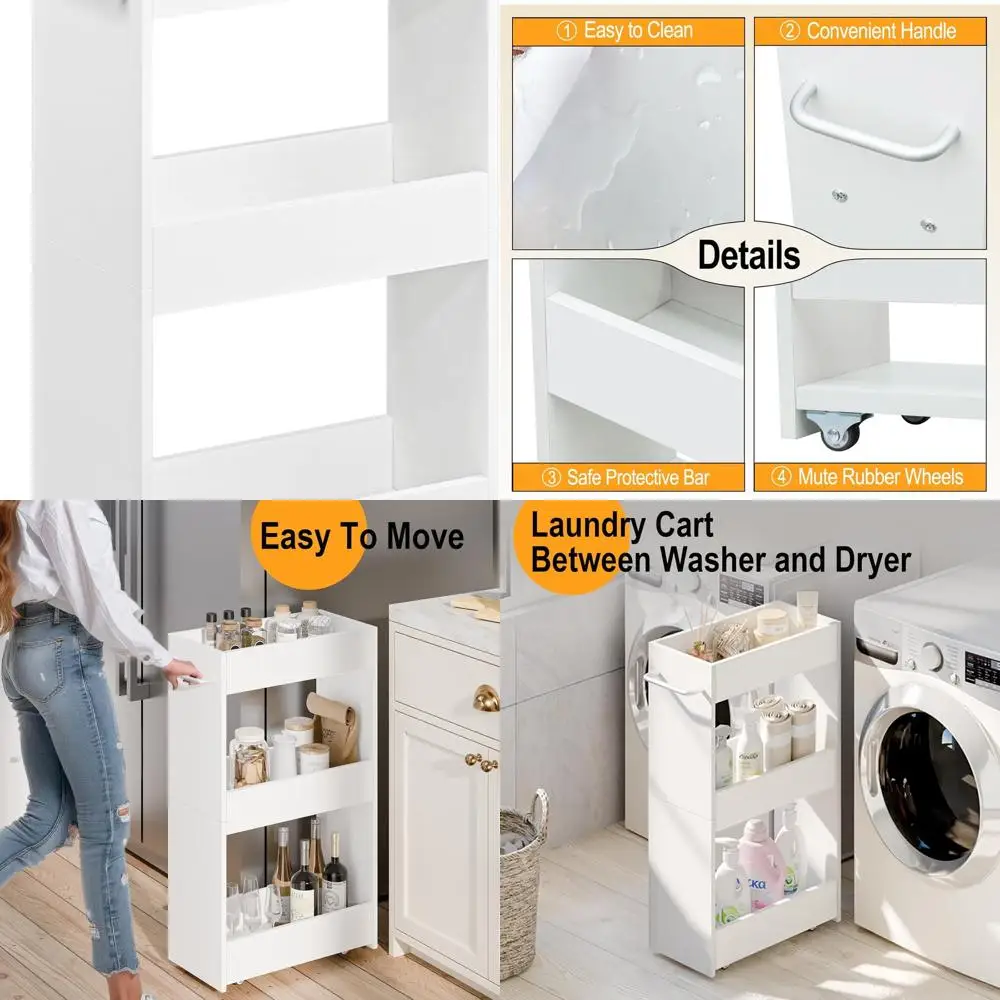 

3-Tier Slim White Kitchen Cart with Wheels, Laundry and Bathroom Organizer, Mobile Narrow Shelves for Small Spaces