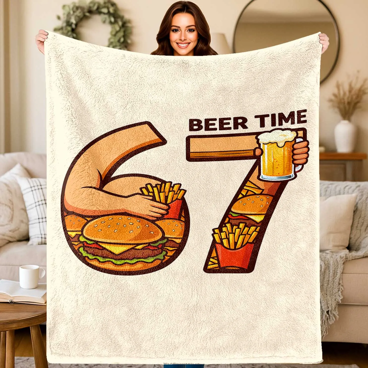 67 Food Digital Burger Fries Flannel printed blanket suitable for all seasons suitable for living room office sofa and travel