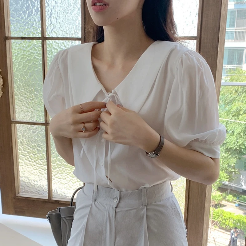 Shirts Women French Style Retro Sweet Bandage Girlish Fashion Peter Pan Collar Lovely Office All-match Cropped Korean Version