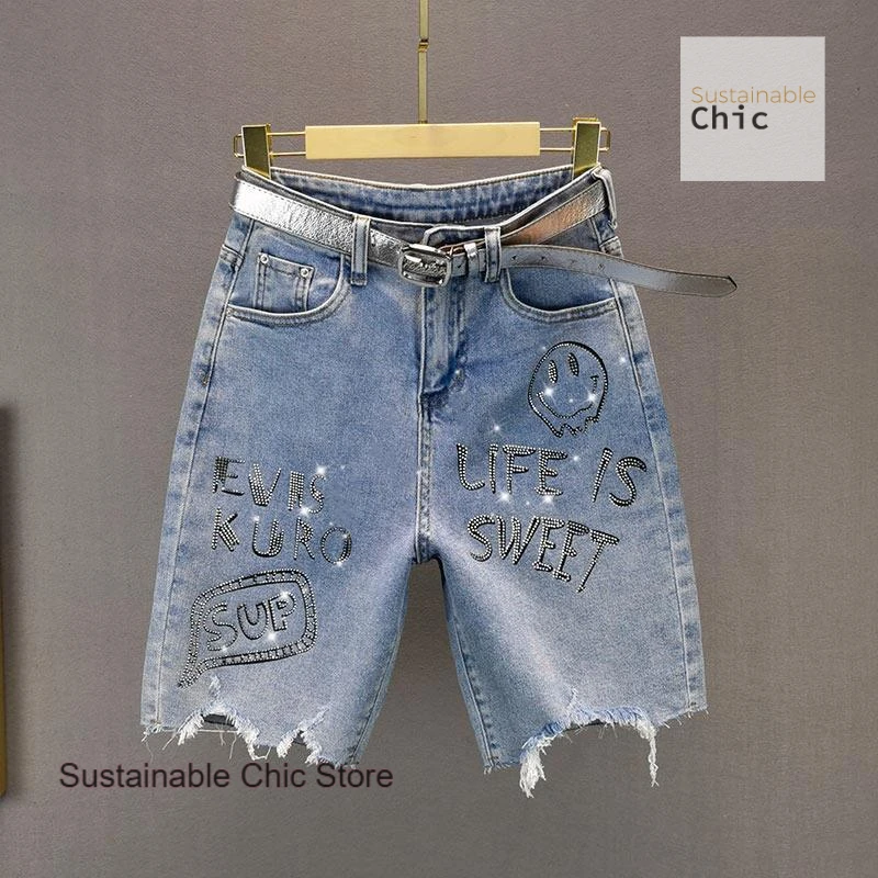 

French blue denim cropped pants women's summer dress new high waist loose slim fashion temperament rhinestone rough shorts.