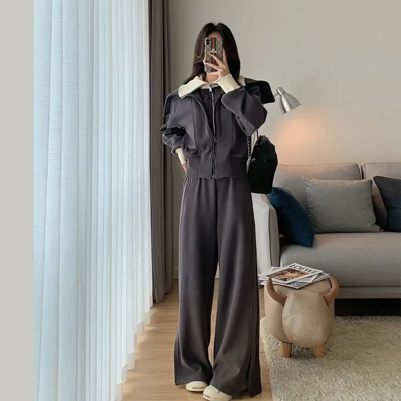 

2025 женский спортивный костюм с широкими штанинами, весенняя повседневная толстовка с капюшоном, модельер, домашняя одежда из двух предметов