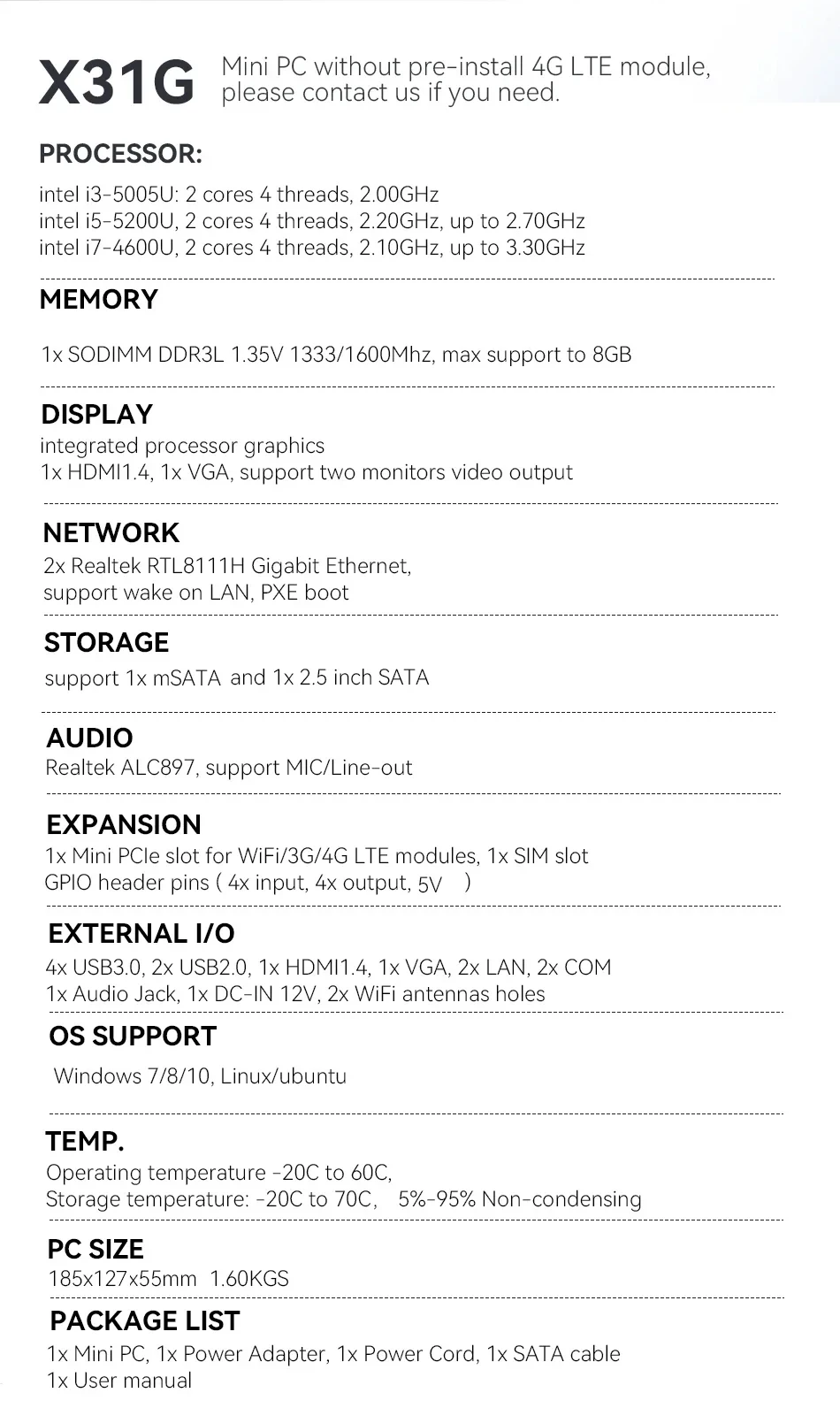 XCY PC industriale senza ventola i7-4600U i5-5200U 2x porte seriali RS232 RS485 2x Ethernet 6xUSB Windows Linux GPIO Mini-PCIe Espansione
