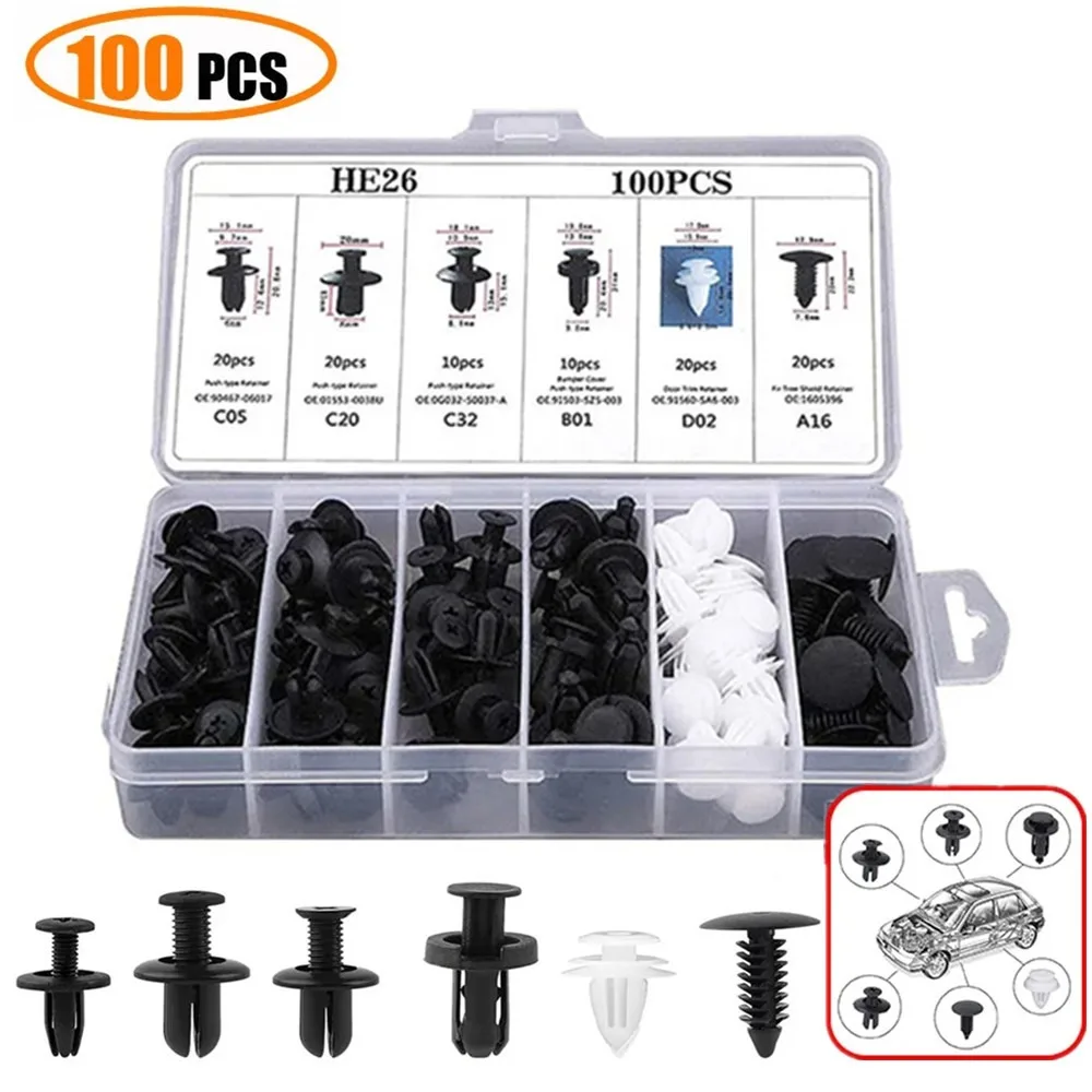 100pcs Car Fastener Clip Set Mixed Auto Fender Push Retainer Pin Rivet Bumper for Car Door Trim Panel Retainer Accessorie