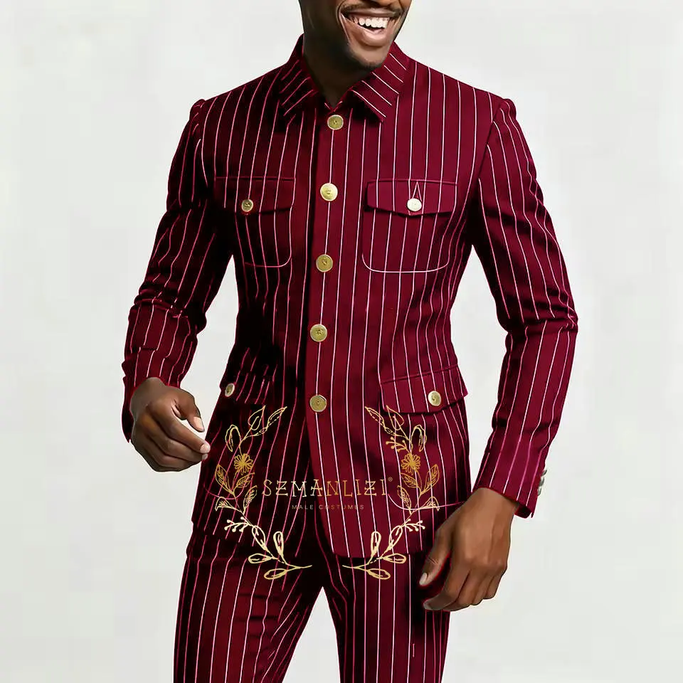 بدلة رجالية سوداء مقلمة مكونة من قطعتين بدلة كلاسيكية ضيقة وسترة سهرة وسراويل غير رسمية بياقة واقفة لحفلات الزفاف وحفلات التخرج