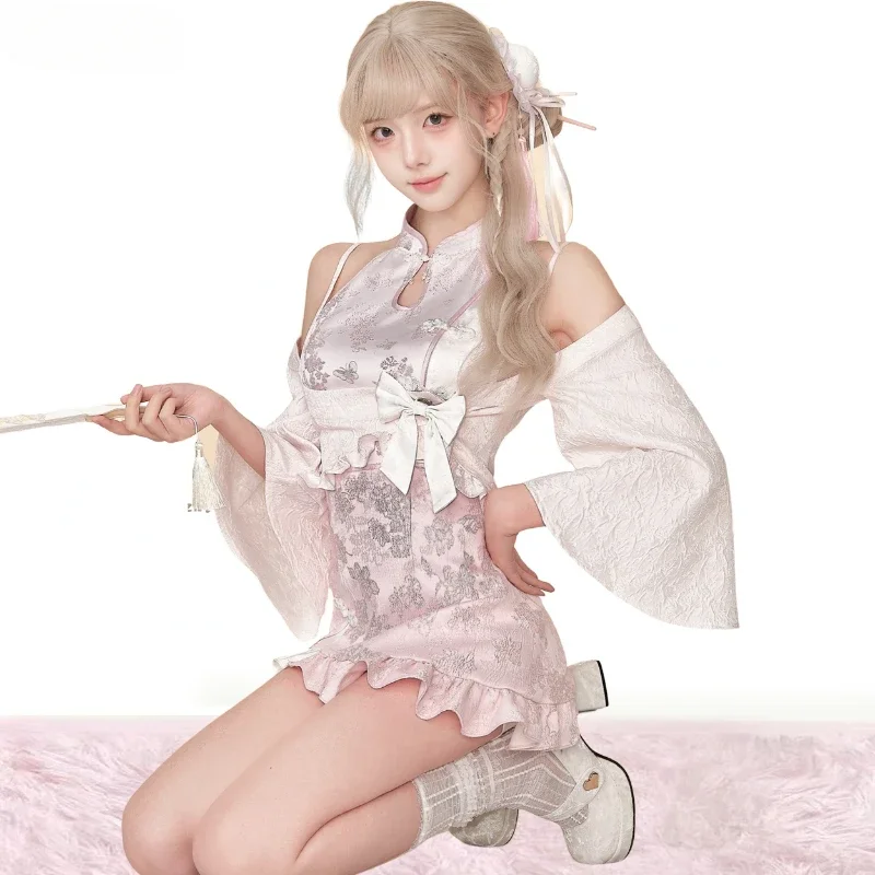 

Новый комплект платья Лолиты в китайском стиле, женские наряды Y2k, женский элегантный короткий кардиган, топы с оборками, шикарные платья Cheongsam с принтом, костюмы