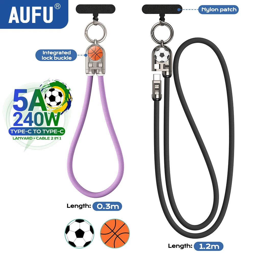 AUFU 240W USB C to Type-C Cable Lanyard Data Cable 5A Fast Charging Keychain Type-C Cable for Laptop Samsung iPad Anti-lost Rope