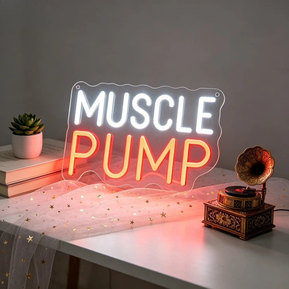 

Неоновая вывеска MUSCLE PUMP с LED-подсветкой, регулируемая, для тренажерного зала, дома, фитнес-комнаты, гаража, бара, мужской комнаты, кафе, декор для стен, подарок