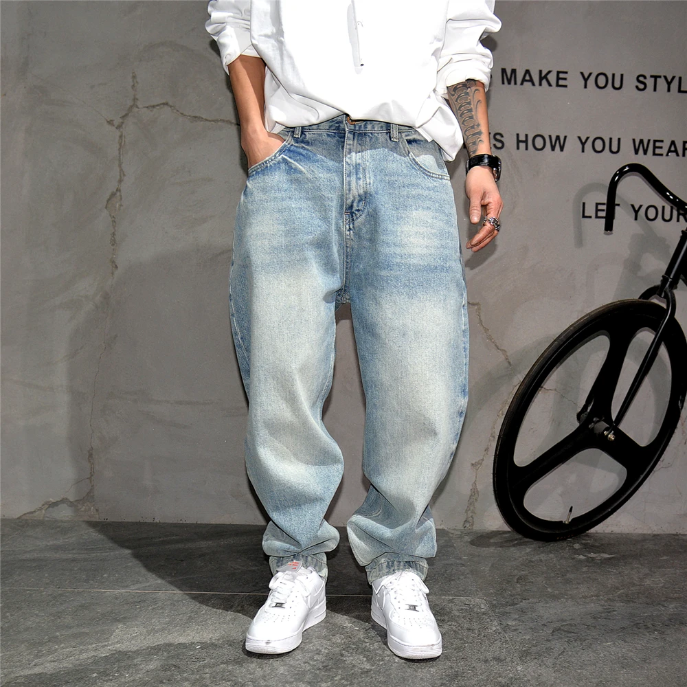 High quality vintage light blue baggy jeans men clothing korean fashion Denim cargo pants streetwear Skateboard trousers male