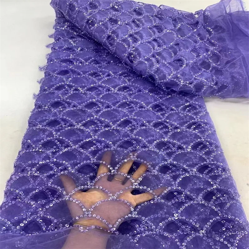 

Latest African Sequins Lace Fabric Purple High Quality Lace Embroidery Beaded Mesh Fabric 5 Yards For Women Wedding Party Dress