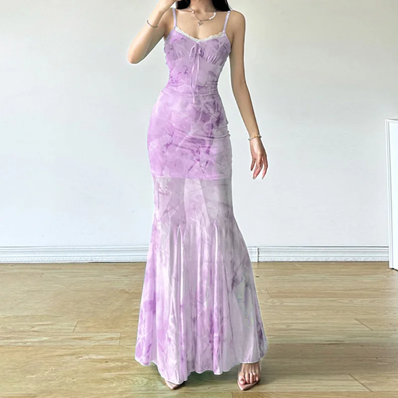 

Pure Desire, Sexy Mermaid Print, Contrasting Mesh, Lace Splicing, Waist Cinching, Slimming, Hip Hugging, Suspender Dress, Long