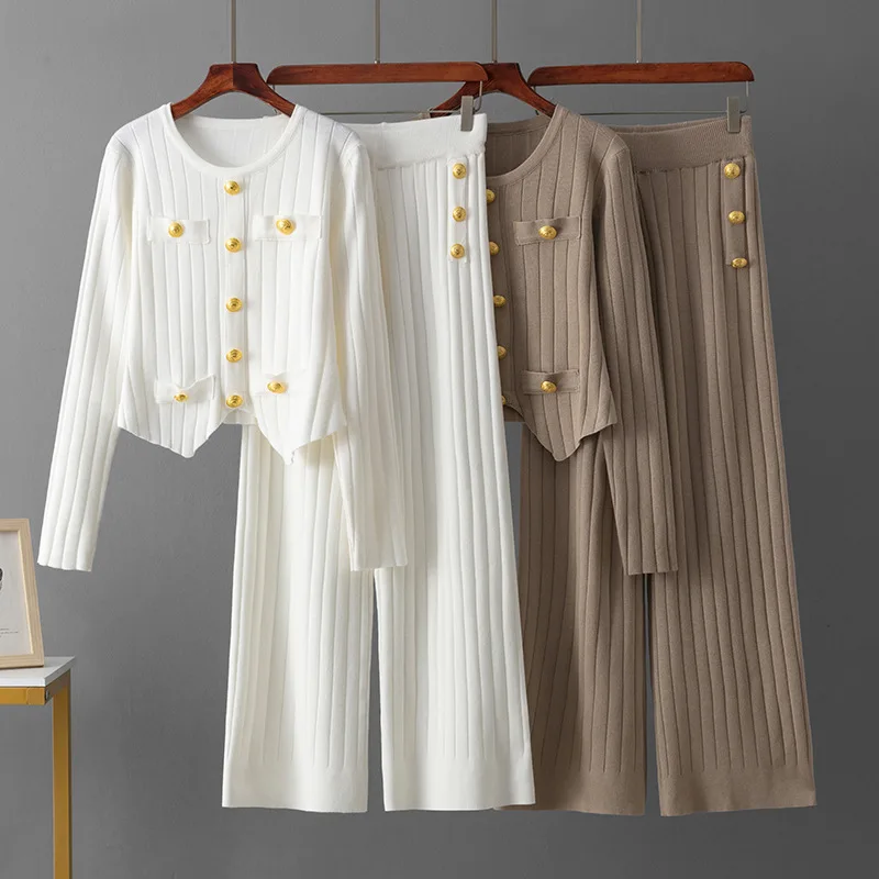 

Осень и зима, новинка, темпераментный женский трикотаж из двух предметов, модный тонкий топ, универсальные прямые брюки