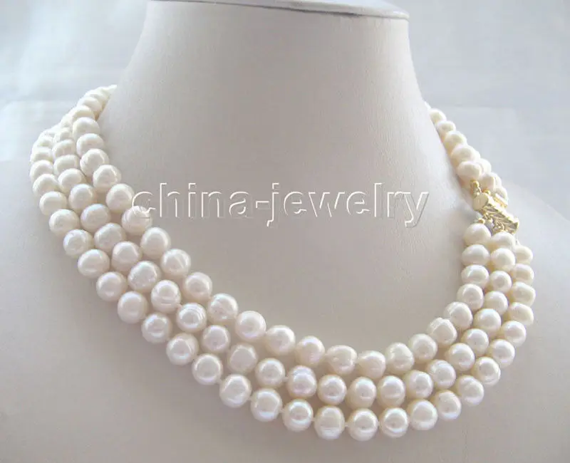 

P5370 - 17-19inch 8-9mm 3row natural white freshwater pearl necklace - clasp