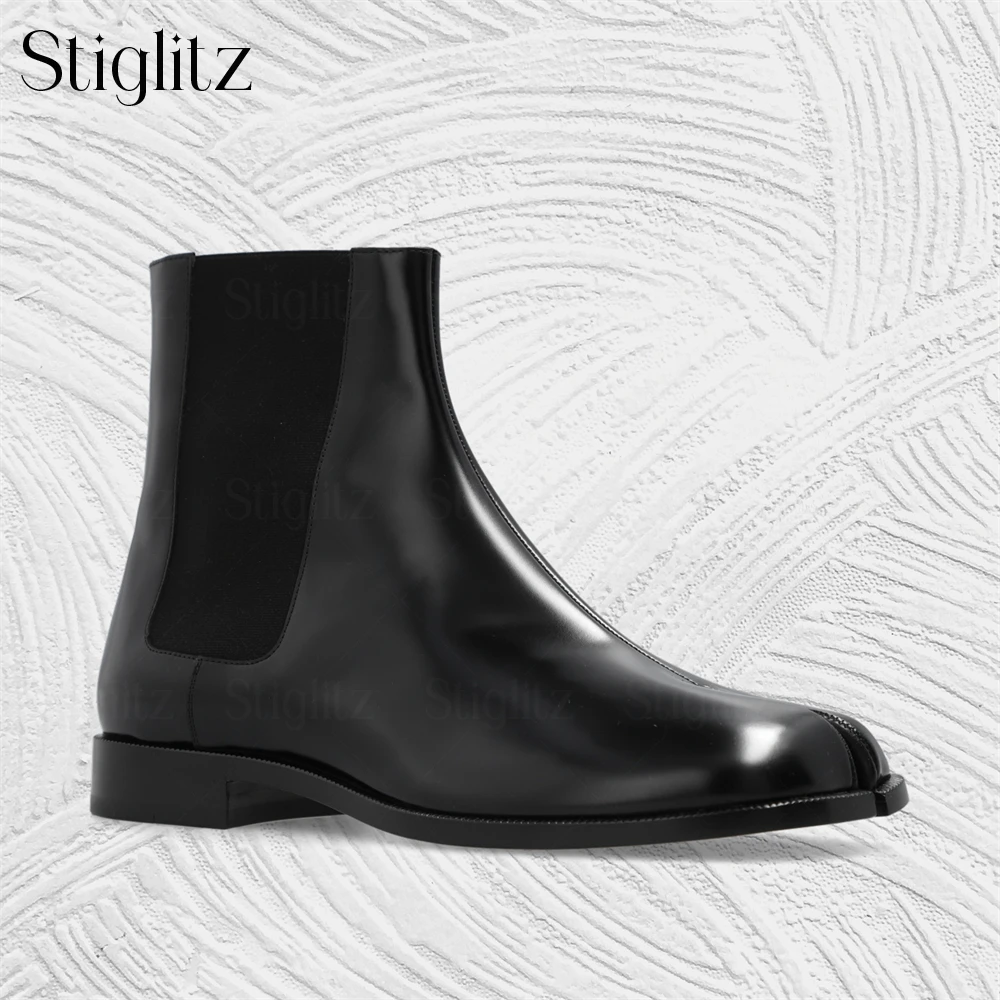 Tabi Toe Patent Leather Chelsea Boots Elastic Side Panels Spite Toe Ankle Boots Customizable Color Square Toe Stretch Men Boots