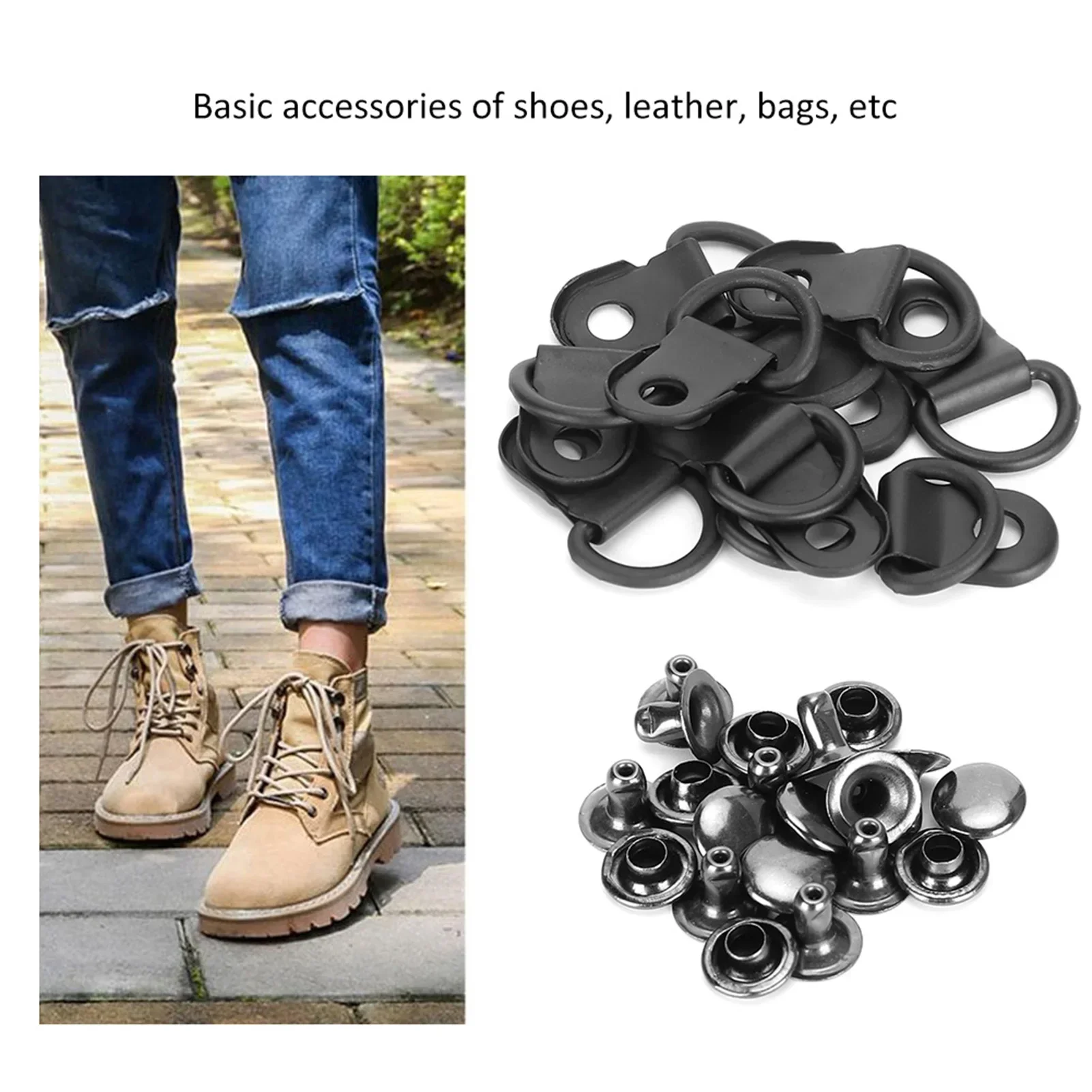 100 Set Shoelace Hook DRing Eyelet Buckle Brass Shoe Leather DIY Rivet Tool Matte Black 9x14mm