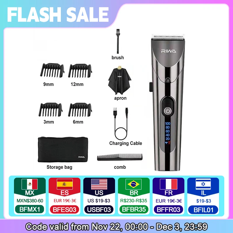 RIWA Electric Hair Clipper Washable Rechargeable Variable Speed Professional Barber Trimmer With Carbon Steel Cutter Head