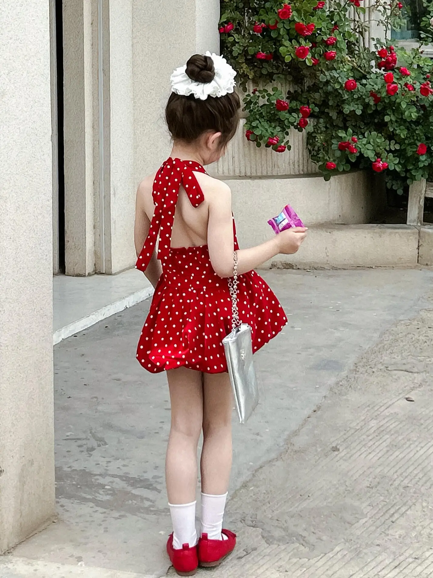 Girls Flower Bud Fluffy Lotus Leaf Edge Polka Dot Vest Dress Sleeveless Hanging Neck Vest Top Girl Fashion Dress