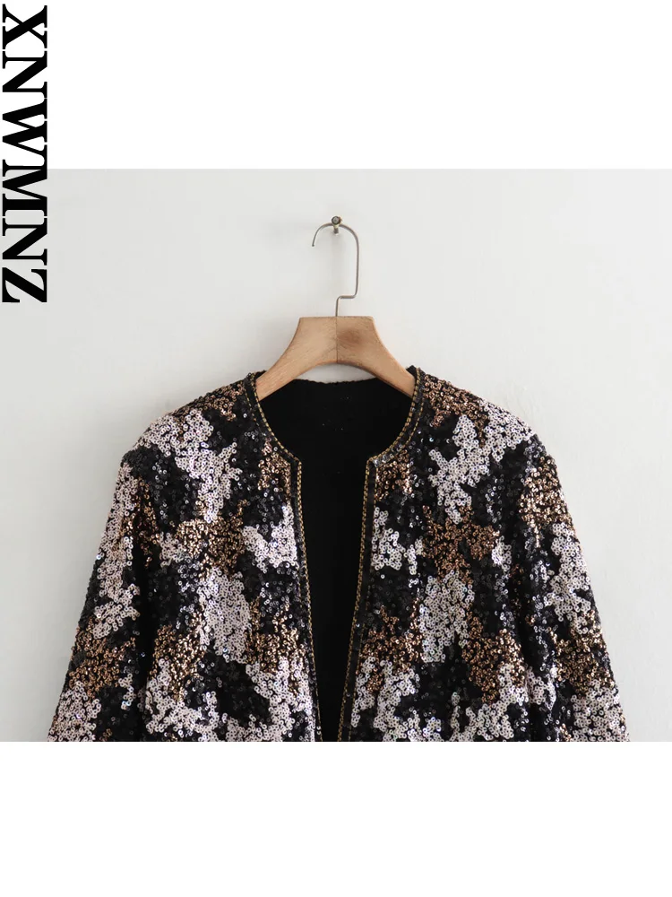 XNWMNZ 2024 Women\'s Fashion Sequin Open Cardigan Women High Street Round Neck Long Sleeve Pocket Versatile Female Coat