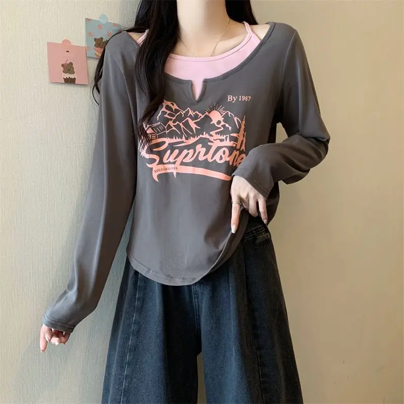 Fake Two Pieces Letter Printed T-shirt Spring Autumn Patchwork O-Neck Halter Basic Female Clothing Casual Long Sleeve Pullovers