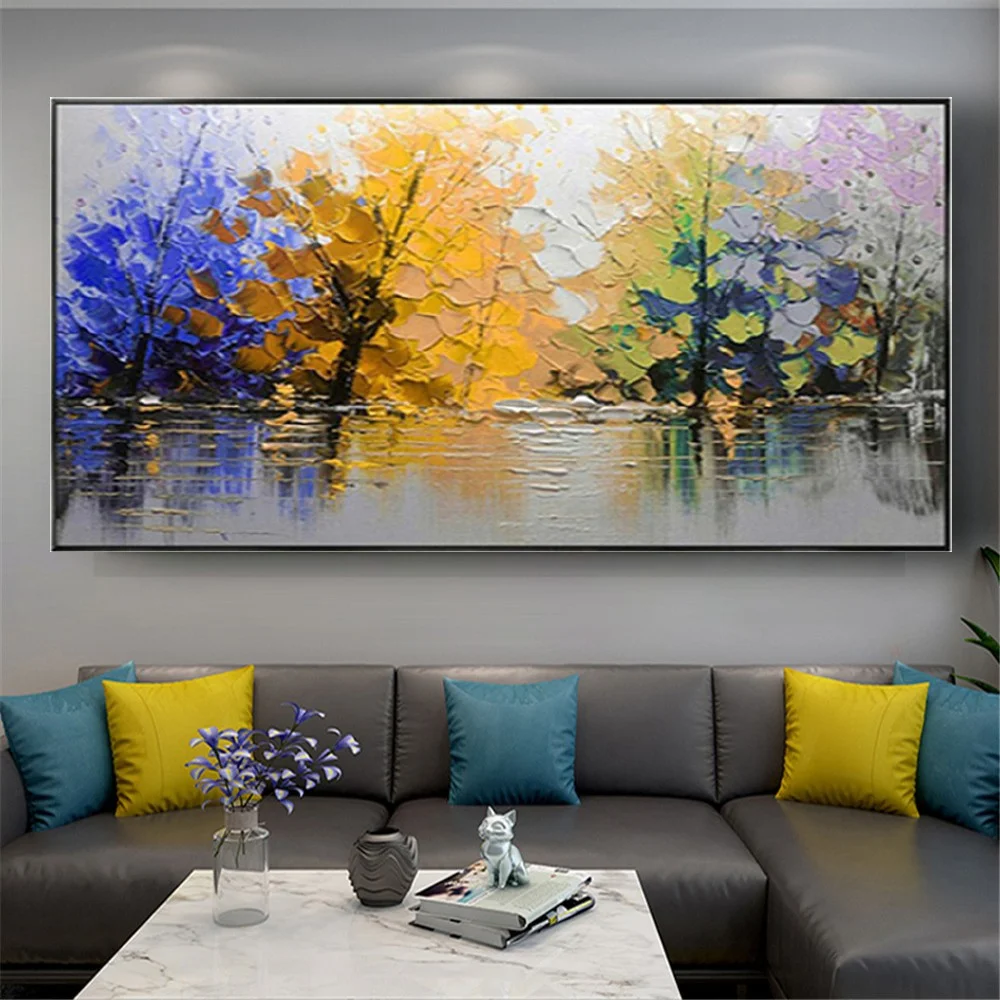 

Large Size Art Knife Poster Forest Mural 100% Handpainted Colorful Yellow Canvas Oil Painting For Modern Porch Trim As A Present