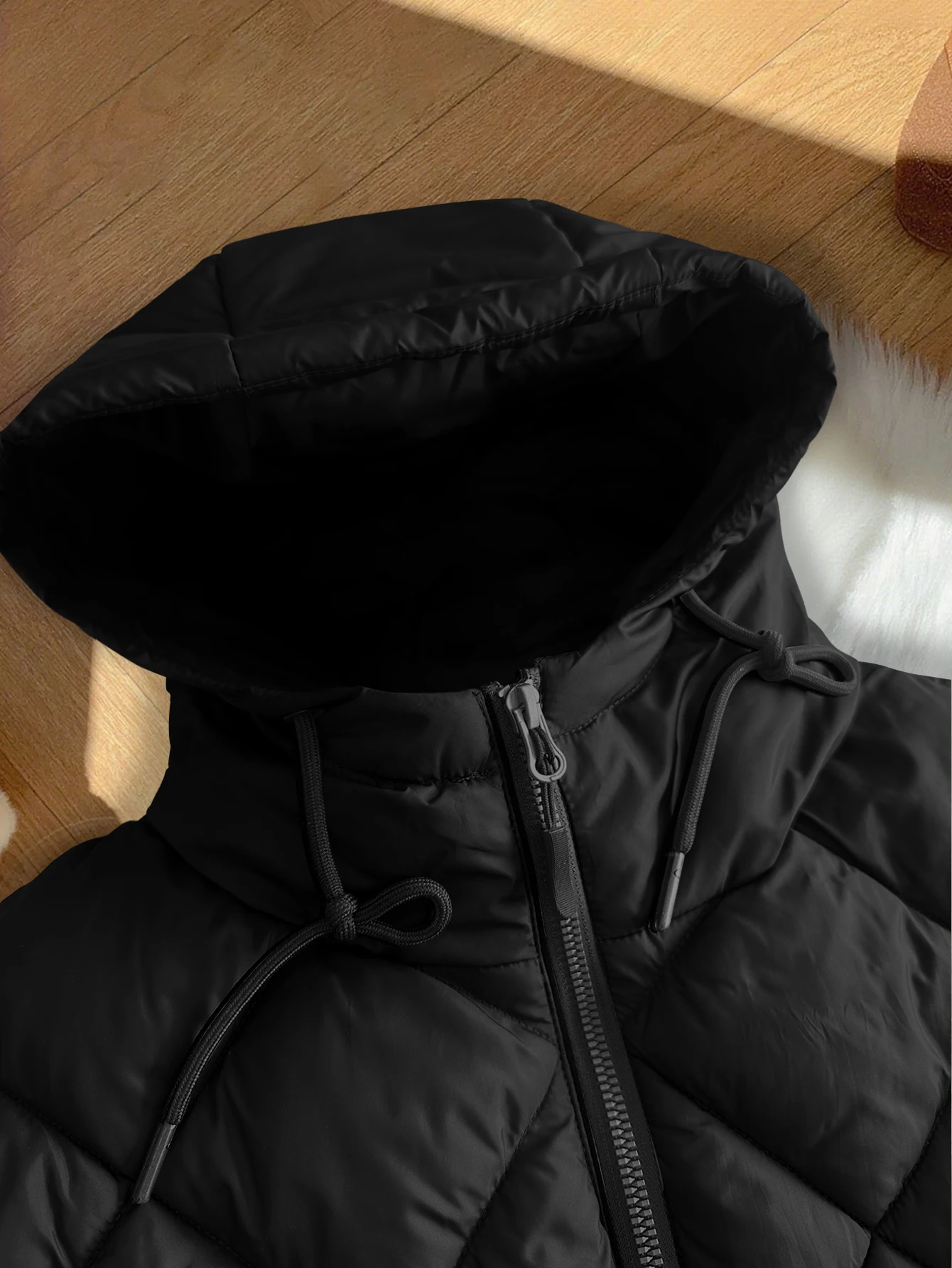 سترة نسائية بغطاء للرأس شتوية بسحاب خفيفة الوزن بدون أكمام ملابس خارجية دافئة معطف مبطن باللون الأسود #5