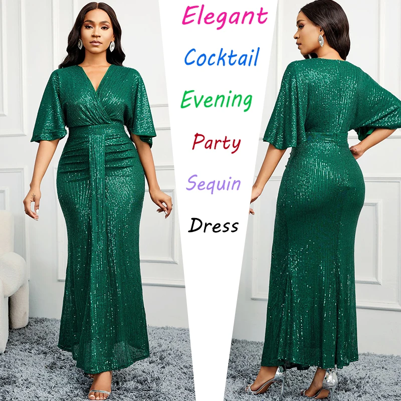 

New Women High Waist Sexy V-neck Sequin Dress Fashion Raglan Sleeves Slim Long Skirt Banquet Cocktail Party Formal Dresses