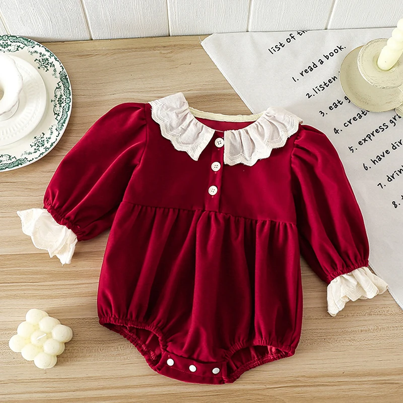 

2025 New Autumn 0-24M Children Clothes Toddler Baby Girl Romper Long Sleeves Lace Splicing Christmas Infant Baby Girls Jumpsuit