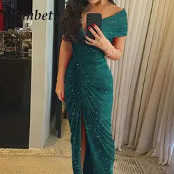 Cocktail Luxury Long Dress Sexy Women V Neck Folds Bodycon Evening Dress Elegant Glitter Off Shoulder High Split Party Dress