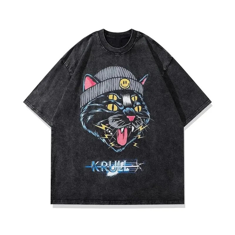 Summer Men Vintage Washed T-Shirts Anime Gothic Streetwear Punk Unisex Short Sleeve Tops Tee Y2k Oversized T-Shirt 3XL Clothing