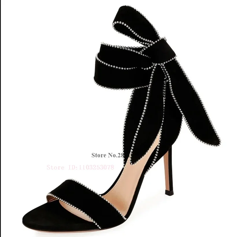 

Black Suede Strappy Thin High Heels Bow Rhinestone Stiletto Heeled Sandals Open Toe Knot Ankle Wap Ladies Summer Prom Shoes