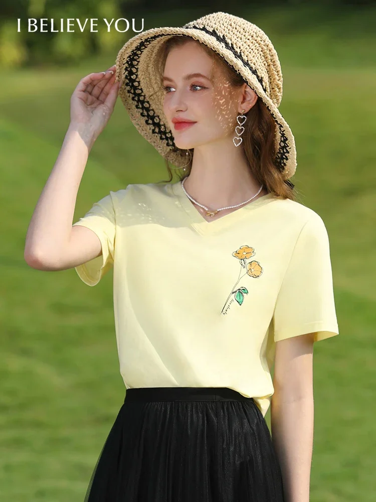 I BELIEVE YOU Embroidery V Neck Yellow Tees for Women Short Sleeve 2023 Summer New Office Lady Casual Women's T-shirt 2232015101