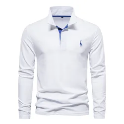 New Techwear Men's Deer Embroidery Polo Shirts Y2K Solid Color Long Sleeve White Polo T Shirt For Men Social Business Polos Male