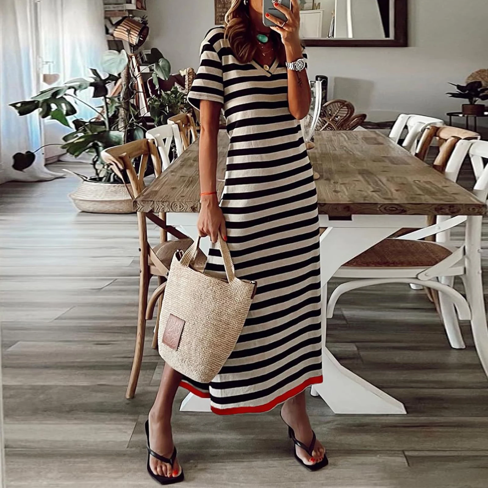 Summer Women T Shirt Dress Striped Long Color Block  V Neck Dress Loose Casual Short Sleeve Side Split Dresses Clothing