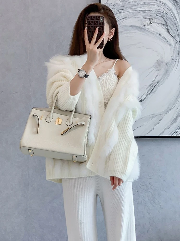 

Women Real Fox Fur Knitting OverSize Loose Spring Fox Fur Strip Sewed Together Lady's Fashion Autumn Luxury Sweater Coat