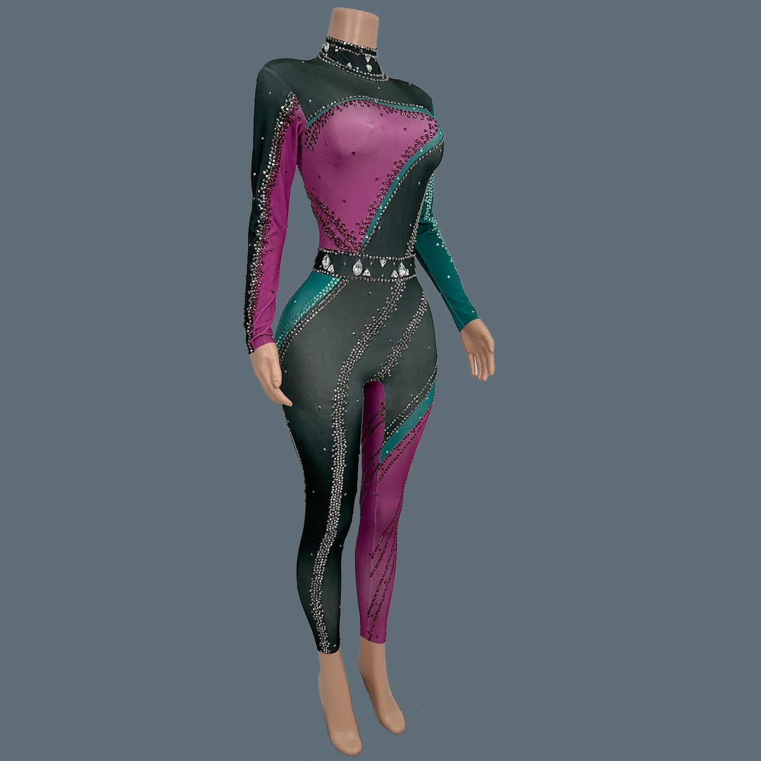 Nightclub Party Stage Performance Wear Rhinestone Spandex Elastic Tight Fitting Jumpsuit Festival Carnival Dance Outfit Zhuangse