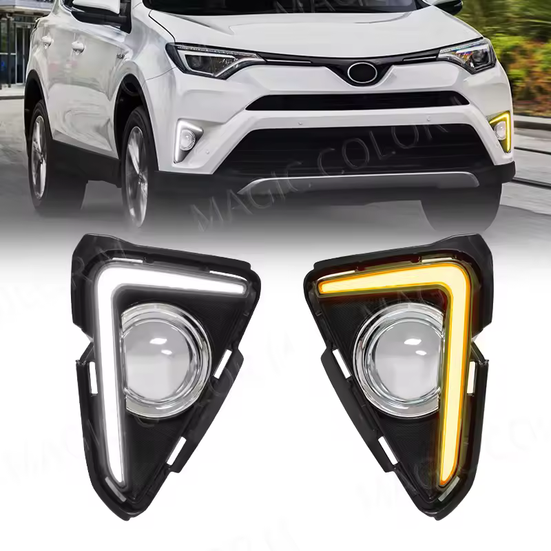 Для Toyota RAV4 2016 2017 2018 ДНЕЙ (дневные ходовые огни, указатели поворота, противотуманные фары), хромированная отделка, автомобильные аксессуары, белый и желтый цвета.