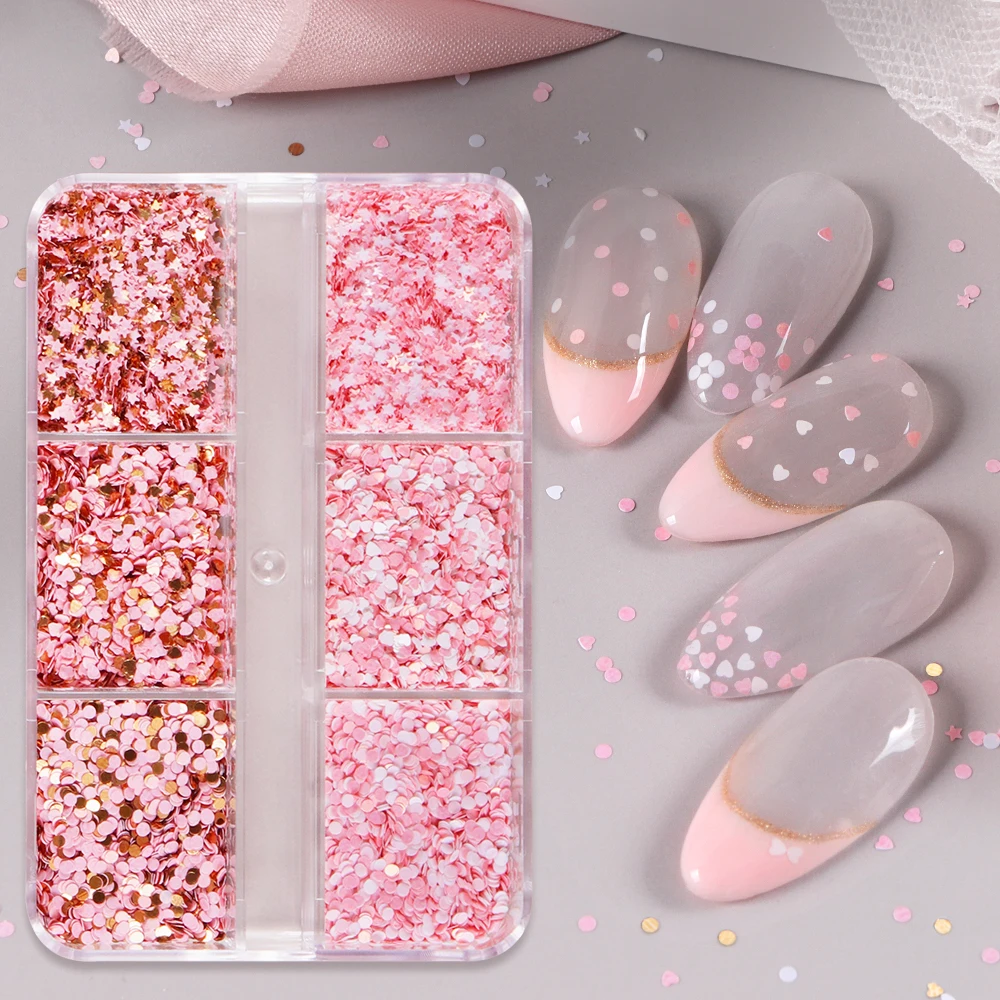 Mixed Pink Nail Art Sequins Ultrathin 1mm Round Hearts Star Paillettes Nail Charms Luxury Kawaii Nails DIY Accessories Sequins